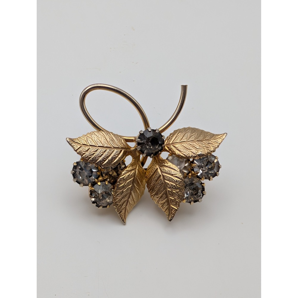 Vintage Gold Tone Leaf Berry Brooch Smoky Grey Rhinestone Botanical Pin Unsigned